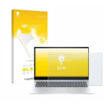 Vorderseite einer Produktverpackung mit dem Markenlogo upscreen. Daneben ist das Gerät HP Envy 17-da0777ng mit dem zugehörigen