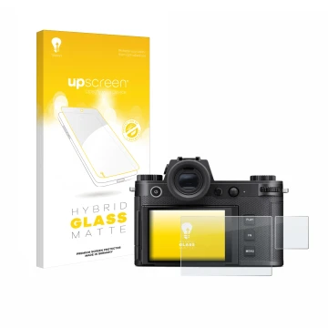 Vorderseite einer Produktverpackung mit dem Markenlogo upscreen. Daneben ist das Gerät Leica SL3-S (Display + Schulterdisplay)