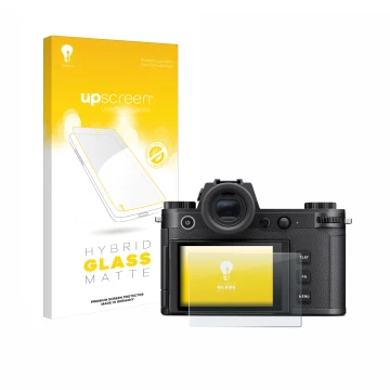Vorderseite einer Produktverpackung mit dem Markenlogo upscreen. Daneben ist das Gerät Leica SL3-S mit dem zugehörigen Display