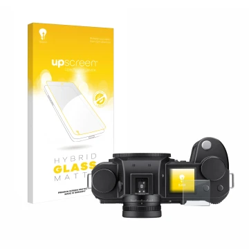 Vorderseite einer Produktverpackung mit dem Markenlogo upscreen. Daneben ist das Gerät Leica SL3-S (Schulterdisplay) mit dem z