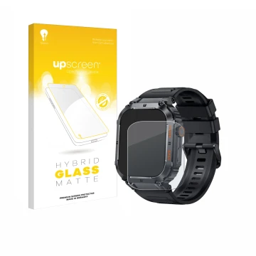 Vorderseite einer Produktverpackung mit dem Markenlogo upscreen. Daneben ist das Gerät bedee Smartwatch 1.96