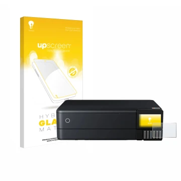 Vorderseite einer Produktverpackung mit dem Markenlogo upscreen. Daneben ist das Gerät Epson EcoTank ET-8550 mit dem zugehörig