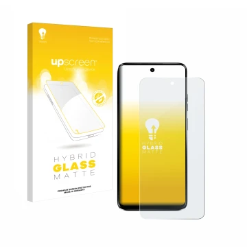 Vorderseite einer Produktverpackung mit dem Markenlogo upscreen. Daneben ist das Gerät Motorola Moto G34 5G mit dem zugehörige