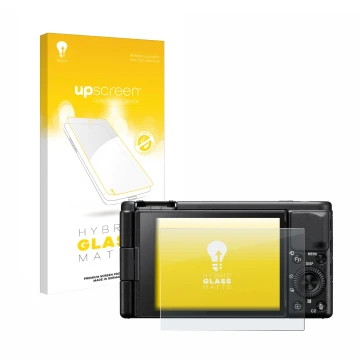 Vorderseite einer Produktverpackung mit dem Markenlogo upscreen. Daneben ist das Gerät Sony ZV-1A mit dem zugehörigen Displays