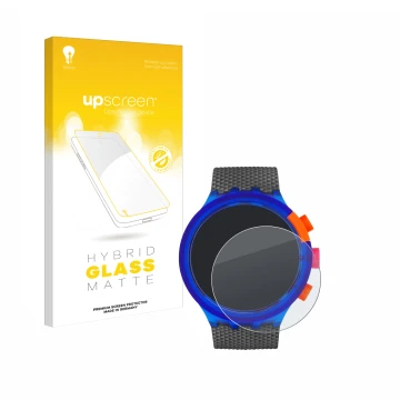 Vorderseite einer Produktverpackung mit dem Markenlogo upscreen. Daneben ist das Gerät Swatch Neon Party mit dem zugehörigen D