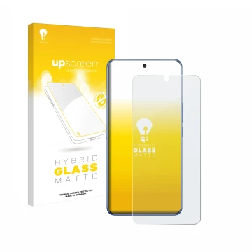 Vorderseite einer Produktverpackung mit dem Markenlogo upscreen. Daneben ist das Gerät Vivo V50 mit dem zugehörigen Displaysch