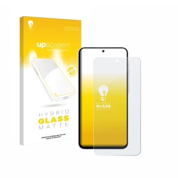 Vorderseite einer Produktverpackung mit dem Markenlogo upscreen. Daneben ist das Gerät Samsung Galaxy A56 5G mit dem zugehörig