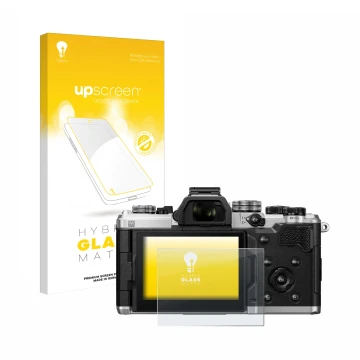 Vorderseite einer Produktverpackung mit dem Markenlogo upscreen. Daneben ist das Gerät OM System OM-3 mit dem zugehörigen Disp