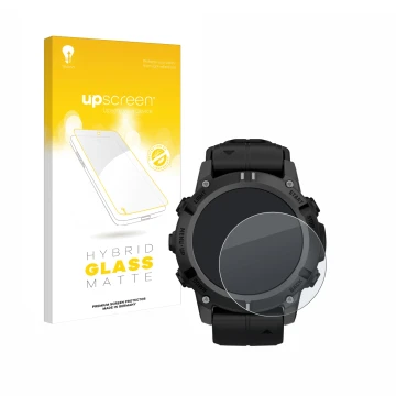 Vorderseite einer Produktverpackung mit dem Markenlogo upscreen. Daneben ist das Gerät Garmin Descent G2 mit dem zugehörigen D
