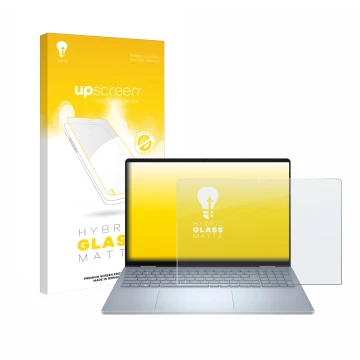 Vorderseite einer Produktverpackung mit dem Markenlogo upscreen. Daneben ist das Gerät Dell 16 Plus-2-in-1 mit dem zugehörigen