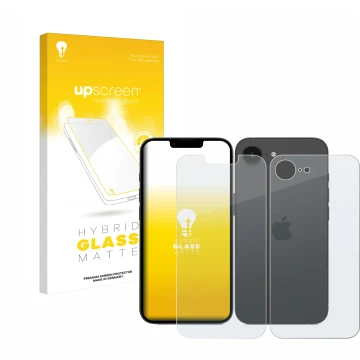 Vorderseite einer Produktverpackung mit dem Markenlogo upscreen. Daneben ist das Gerät Apple iPhone 16e (Display+Rückseite) mi