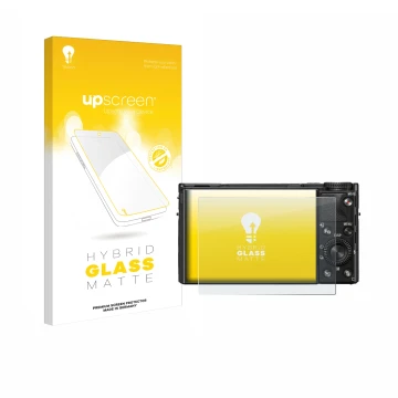 Vorderseite einer Produktverpackung mit dem Markenlogo upscreen. Daneben ist das Gerät Sony Cyber-Shot DSC-RX100 VIIA mit dem 