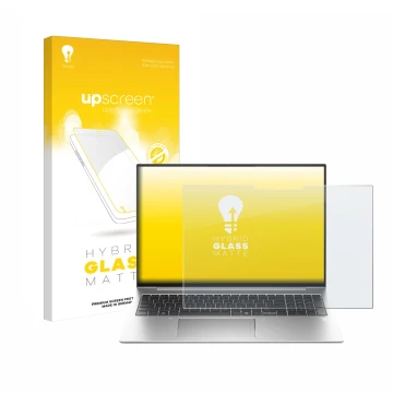 Vorderseite einer Produktverpackung mit dem Markenlogo upscreen. Daneben ist das Gerät HP EliteBook 835 G11 mit dem zugehörige