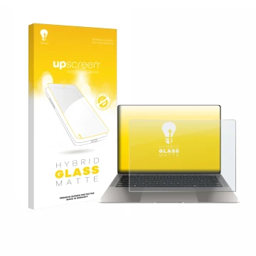 Vorderseite einer Produktverpackung mit dem Markenlogo upscreen. Daneben ist das Gerät Honor MagicBook Art 14 mit dem zugehöri