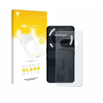 Vorderseite einer Produktverpackung mit dem Markenlogo upscreen. Daneben ist das Gerät Nothing Phone (3a) (Rückseite) mit dem 