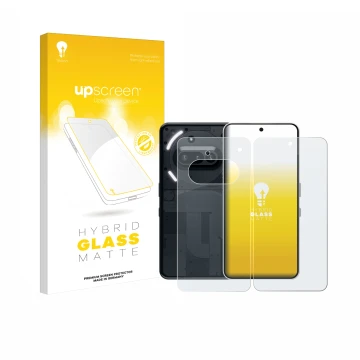 Vorderseite einer Produktverpackung mit dem Markenlogo upscreen. Daneben ist das Gerät Nothing Phone (3a) (Display+Rückseite) 