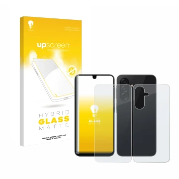Vorderseite einer Produktverpackung mit dem Markenlogo upscreen. Daneben ist das Gerät Samsung Galaxy A26 5G (Display+Rückseit