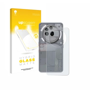 Vorderseite einer Produktverpackung mit dem Markenlogo upscreen. Daneben ist das Gerät Nothing Phone (3a) Pro (Rückseite) mit 