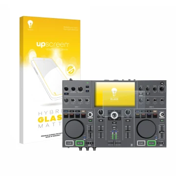 Vorderseite einer Produktverpackung mit dem Markenlogo upscreen. Daneben ist das Gerät Denon DJ Prime Go+ mit dem zugehörigen 