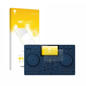 Vorderseite einer Produktverpackung mit dem Markenlogo upscreen. Daneben ist das Gerät AlphaTheta OMNIS-Duo (Jog) mit dem zuge