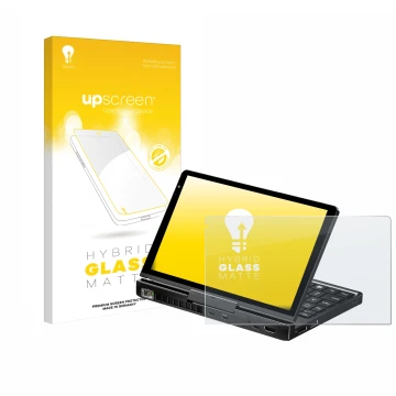 Vorderseite einer Produktverpackung mit dem Markenlogo upscreen. Daneben ist das Gerät GPD Pocket 4 mit dem zugehörigen Displa