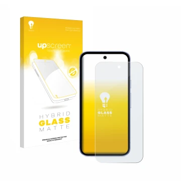 Vorderseite einer Produktverpackung mit dem Markenlogo upscreen. Daneben ist das Gerät Google Pixel 9a mit dem zugehörigen Dis