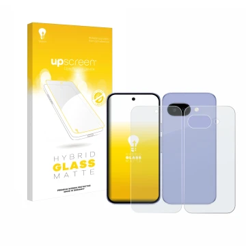 Vorderseite einer Produktverpackung mit dem Markenlogo upscreen. Daneben ist das Gerät Google Pixel 9a (Display+Rückseite) mit