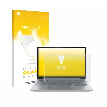 Vorderseite einer Produktverpackung mit dem Markenlogo upscreen. Daneben ist das Gerät Lenovo ThinkBook 14 Gen 8 mit dem zugeh