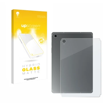 Vorderseite einer Produktverpackung mit dem Markenlogo upscreen. Daneben ist das Gerät Samsung Galaxy Tab S10 FE (Rückseite) m