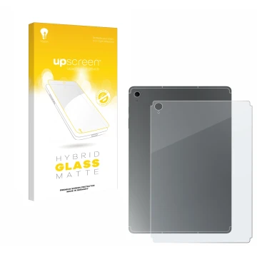 Vorderseite einer Produktverpackung mit dem Markenlogo upscreen. Daneben ist das Gerät Samsung Galaxy Tab S10 FE+ (Rückseite) 