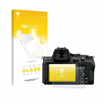 Vorderseite einer Produktverpackung mit dem Markenlogo upscreen. Daneben ist das Gerät Nikon Z5 II mit dem zugehörigen Display