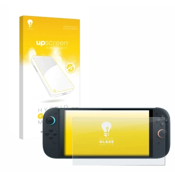 Vorderseite einer Produktverpackung mit dem Markenlogo upscreen. Daneben ist das Gerät Nintendo Switch 2 mit dem zugehörigen D