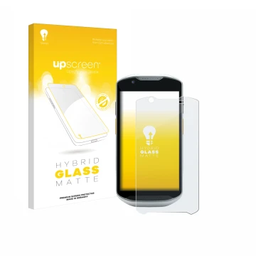 Vorderseite einer Produktverpackung mit dem Markenlogo upscreen. Daneben ist das Gerät Zebra TC52x-HC mit dem zugehörigen Disp