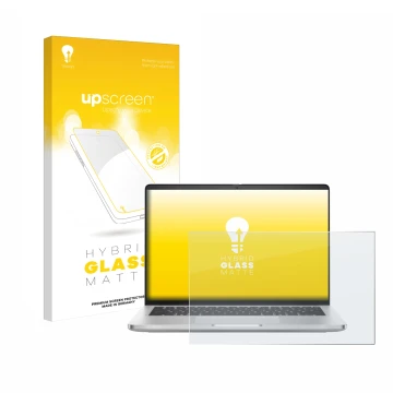 Vorderseite einer Produktverpackung mit dem Markenlogo upscreen. Daneben ist das Gerät Dell Pro 14 Plus PB14250 mit dem zugehö