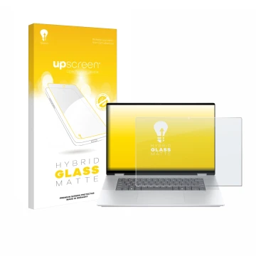 Vorderseite einer Produktverpackung mit dem Markenlogo upscreen. Daneben ist das Gerät HP OmniBook X Flip 16-aX mit dem zugehö