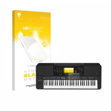 Vorderseite einer Produktverpackung mit dem Markenlogo upscreen. Daneben ist das Gerät Yamaha PSR-SX720 mit dem zugehörigen Di