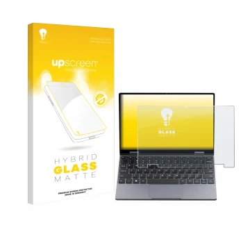 Vorderseite einer Produktverpackung mit dem Markenlogo upscreen. Daneben ist das Gerät Chuwi MiniBook X N150 mit dem zugehörig