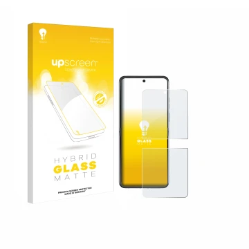 Vorderseite einer Produktverpackung mit dem Markenlogo upscreen. Daneben ist das Gerät Motorola Razr 60 mit dem zugehörigen Di