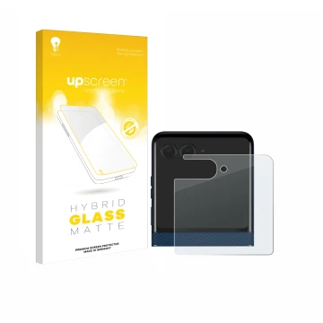 Vorderseite einer Produktverpackung mit dem Markenlogo upscreen. Daneben ist das Gerät Motorola Razr 60 (Hinteres Display) mit