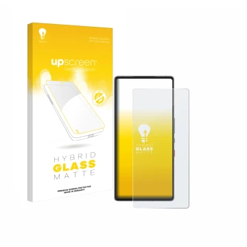 Vorderseite einer Produktverpackung mit dem Markenlogo upscreen. Daneben ist das Gerät ZTE Nubia Red Magic 10 Air mit dem zuge