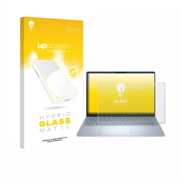 Vorderseite einer Produktverpackung mit dem Markenlogo upscreen. Daneben ist das Gerät Dell 16 Plus Laptop mit dem zugehörigen