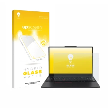 Vorderseite einer Produktverpackung mit dem Markenlogo upscreen. Daneben ist das Gerät Lenovo ThinkPad P16s Gen 4 mit dem zuge