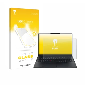 Vorderseite einer Produktverpackung mit dem Markenlogo upscreen. Daneben ist das Gerät Lenovo ThinkPad E16 Gen 3 mit dem zugeh