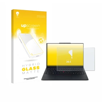 Vorderseite einer Produktverpackung mit dem Markenlogo upscreen. Daneben ist das Gerät Lenovo ThinkPad E14 Gen 7 mit dem zugeh