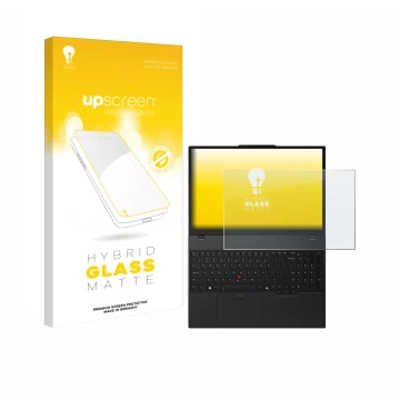 Vorderseite einer Produktverpackung mit dem Markenlogo upscreen. Daneben ist das Gerät Lenovo ThinkPad T16 Gen 4 mit dem zugeh