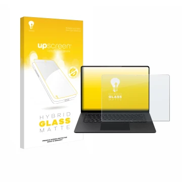 Vorderseite einer Produktverpackung mit dem Markenlogo upscreen. Daneben ist das Gerät Microsoft Surface Laptop 15