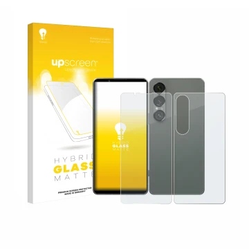 Vorderseite einer Produktverpackung mit dem Markenlogo upscreen. Daneben ist das Gerät Sony Xperia 1 VII (Display+Rückseite) m