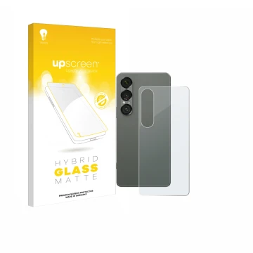 Vorderseite einer Produktverpackung mit dem Markenlogo upscreen. Daneben ist das Gerät Sony Xperia 1 VII (Rückseite) mit dem z