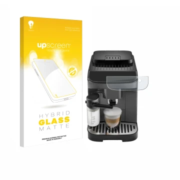 Vorderseite einer Produktverpackung mit dem Markenlogo upscreen. Daneben ist das Gerät DeLonghi Magnifica Evo mit dem zugehöri