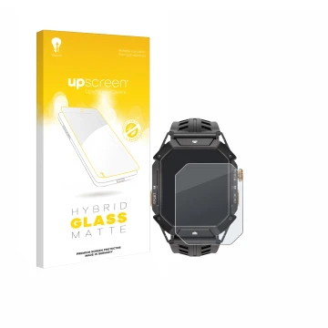 Vorderseite einer Produktverpackung mit dem Markenlogo upscreen. Daneben ist das Gerät Oukitel BT80 mit dem zugehörigen Displa